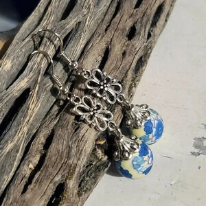 Handcrafted Fimo Clay Yellow Blue White Flower Beads Antique Silver Earrings